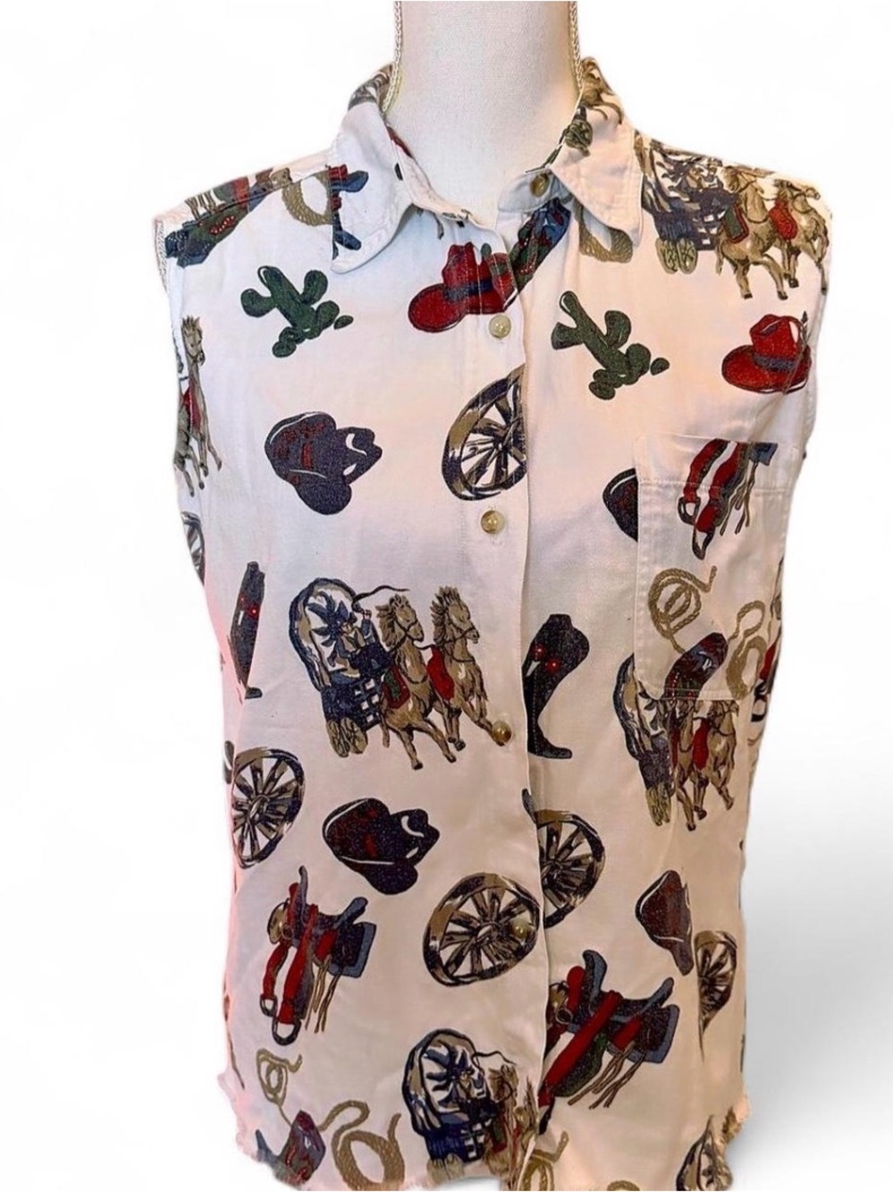 VTG Quizz Cotton Western Cowboy Sleevless Button Down Shirt Size M
